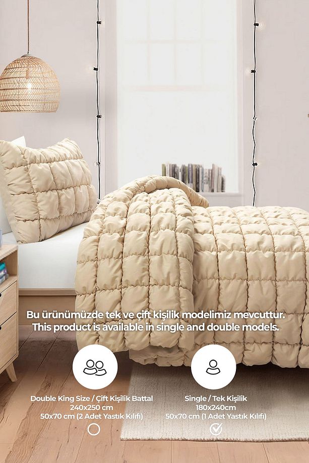 Puff Yatak Örtüsü Seti Tek Kişilik El İşi Pamuklu Yorgan 2 Parça Uyku Takımı 180x240cm Açık Bej - 3