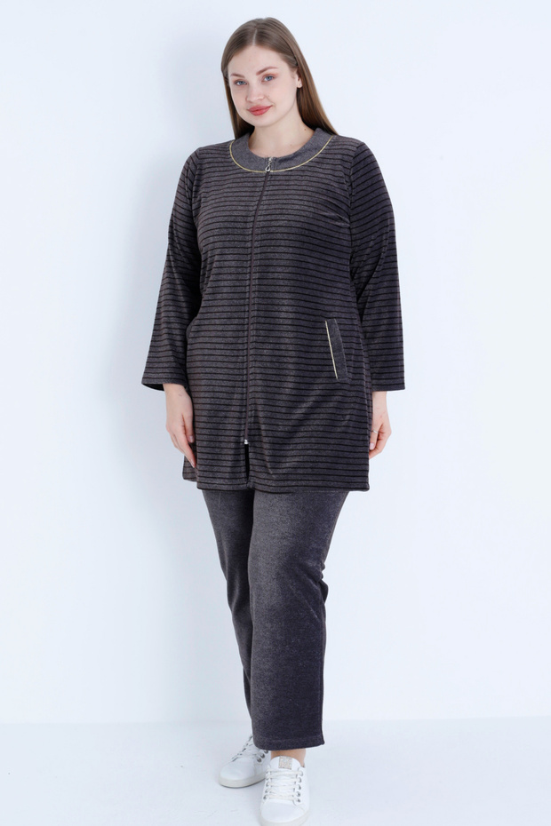 Women's Brown Line Print Long Sleeve Ribbed Zippered Plus Size Cotton Velvet Bottom Top Suit