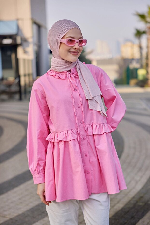 Women's Ruffled Buttoned Stone Detailed Tunic Shirt Pink