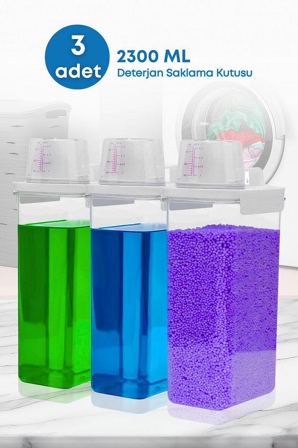 3 Adet Sızdırmaz Depolama Sıvı Toz Deterjan Erzak Saklama Kutusu- Ölçekli Deterjan Kutusu 2300 ml - 1