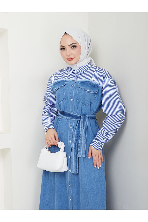 10 NUMARA MODA KADEN GÖMLEK DETAYLI KOT ELBİSE Açık Kot 10NMR2001 - 7