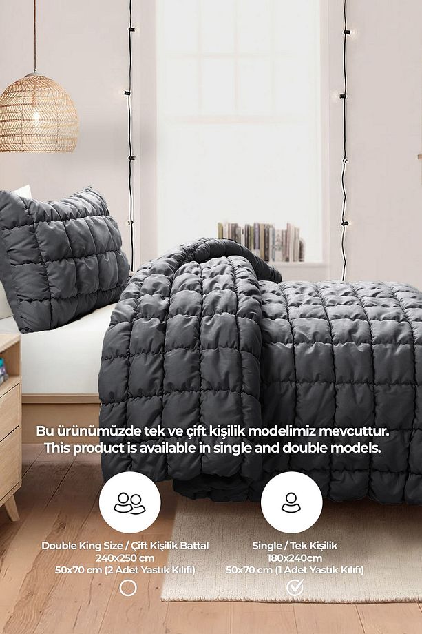 Puff Yatak Örtüsü Seti Tek Kişilik El Işi Pamuklu Yorgan Uyku Takımı 2 Parça Dolgulu Lüks Antrasit - 3