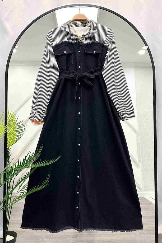 10 NUMARA MODA KADEN GÖMLEK DETAYLI KOT ELBİSE Füme 10NMR2001 - 2