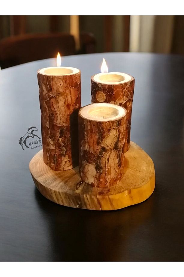 Dekoratif Mumluk, 3 Adet Kütük Mumluk, Ahşap Mumluk, Mumluk Set Ve Stand - 4