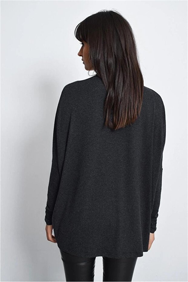 Kadın Antrasit Yeni Moda Uzun Kol Oversize Kesim Basic Örme Bluz - 3