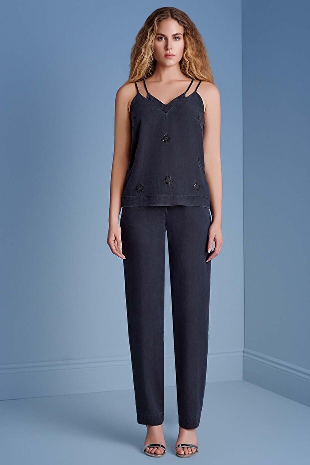 Straight Leg Navy Blue Woven Trousers