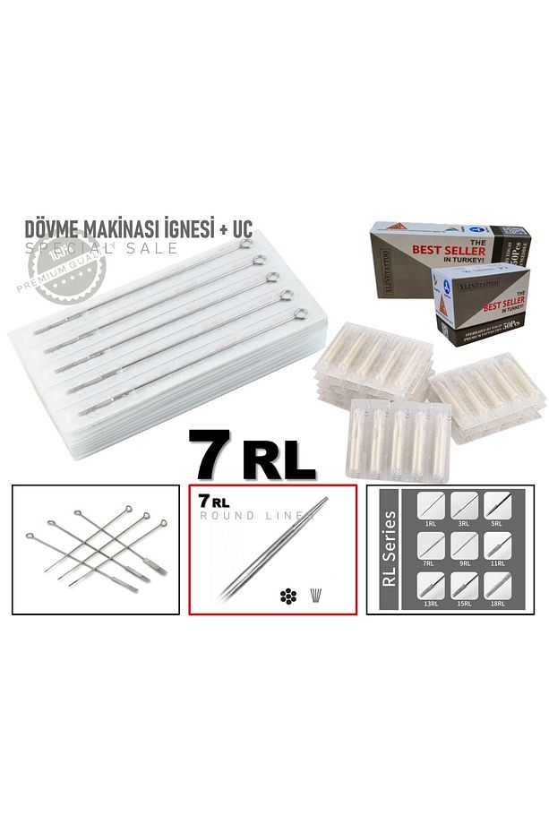 50 ADET 7RL DÖVME İĞNESİ ve UCU - DÖVME MAKİNASI İĞNESİ + UC - 7 RL - 1