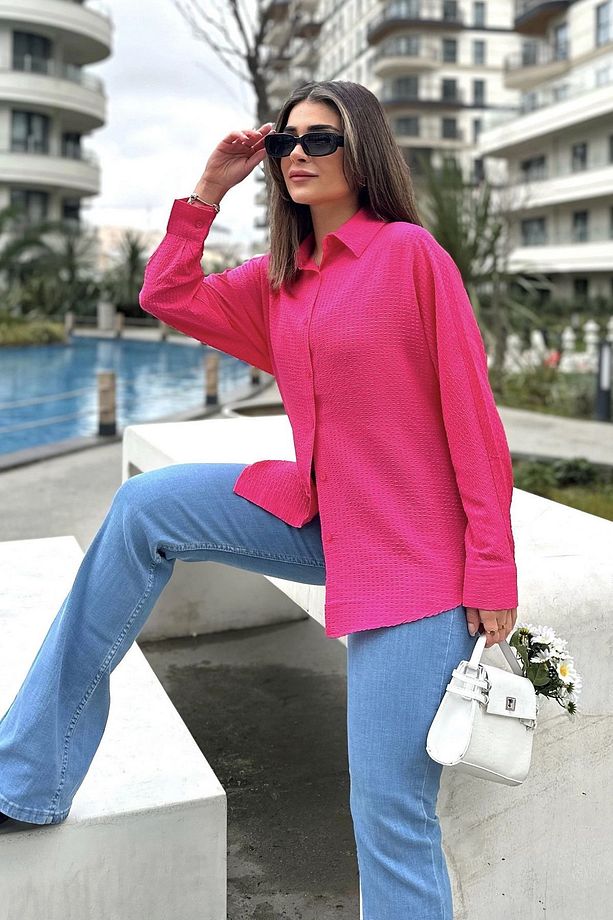 Kadın fuşya Basic Model, Gofre Kumaş, Salaş Gömlek - 5
