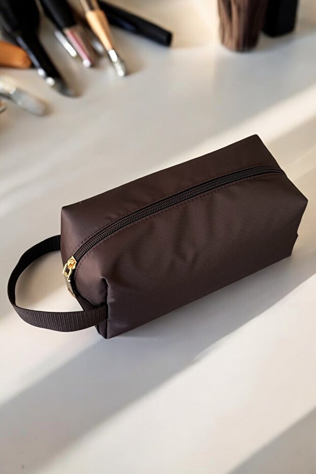 Leather Detailed Brown Unisex Stylish Handbag Makeup Bag Practical Handbag