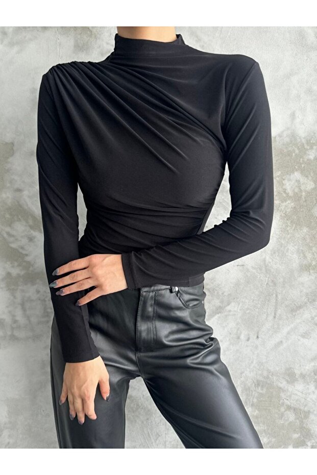 Draped Black Stand Collar Blouse - 3