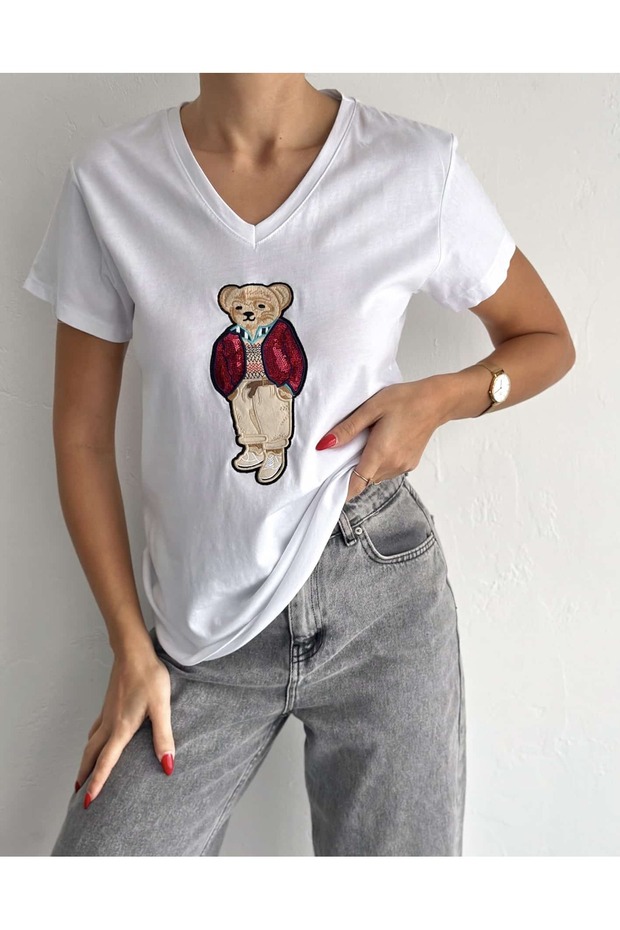 Teddy Patterned V-Neck Sequined Women's T-Shirt Laderra Bear Teddy Embroidered New Season Teddy Bear Trend