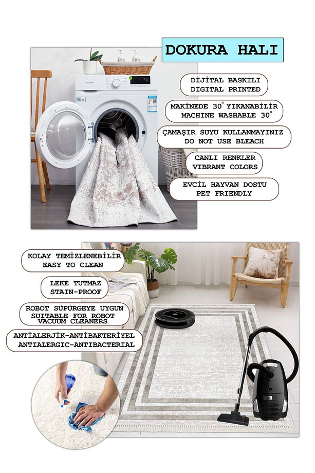 Makinede Yıkanabilir Kaydırmaz Taban Leke Tutmaz Mutfak Halısı Salon Halısı Ve Yolluk - 5