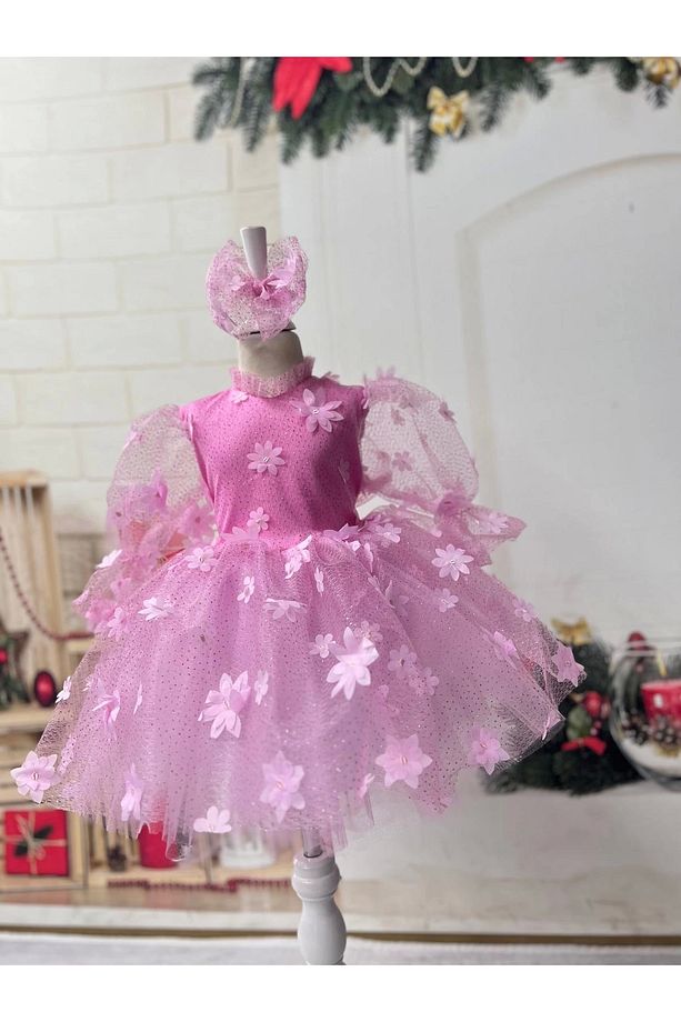 Pembe 3D Çicek desenli Kız Çocuk Elbises - 5