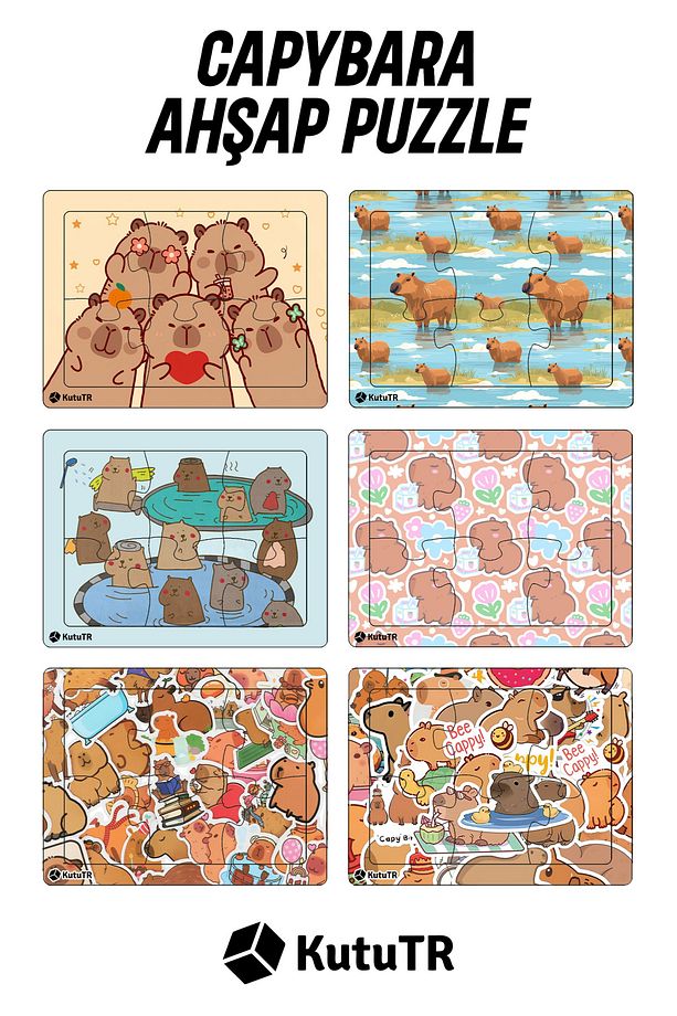 Çocuklar Için Eğitici Ve Öğretici Ahşap 6 Parça 13x17 Capybara Renkli Puzzle 6'lı Set-607 - 1