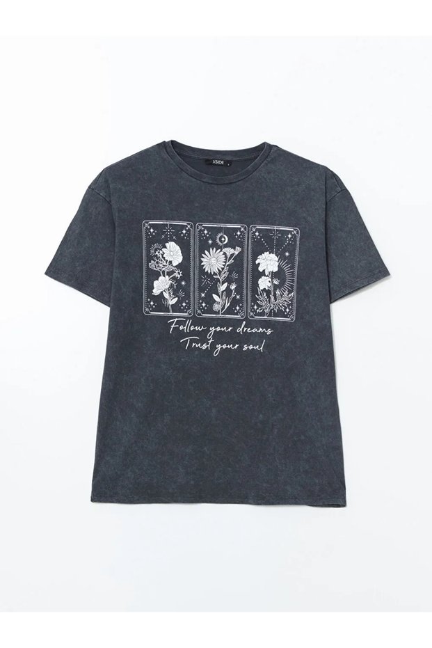 Xside Anthracite Crew Neck Floral Women's T-Shirt