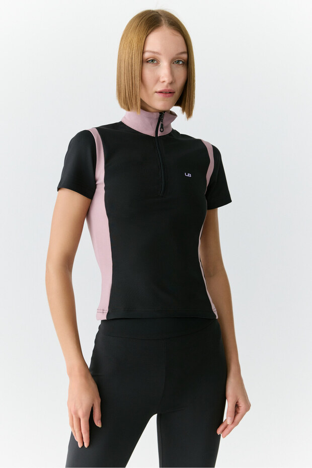 Vickie Women's Stand Collar Zip-Up Black-Rose Dried T-Shirt