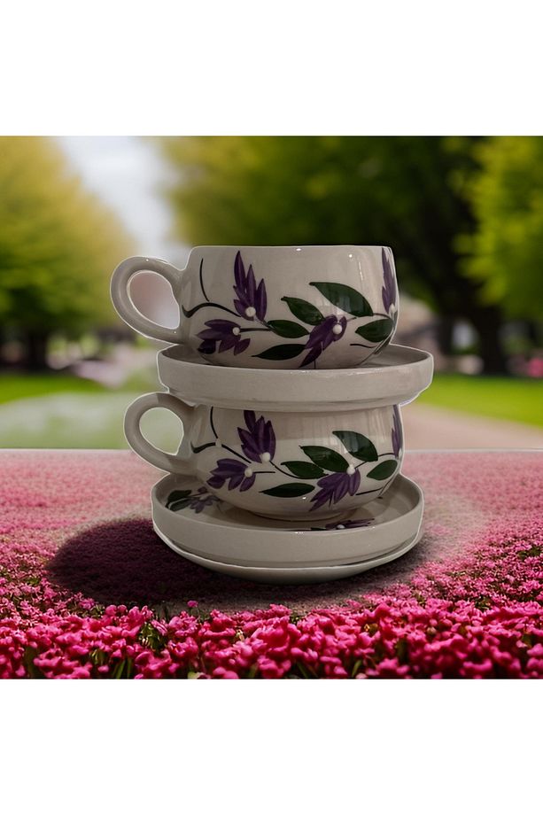 Beren Lila Üzümbağı 2li Tabaklı Kupa Seti El Dekoru Mug Kupa Bardak - 6