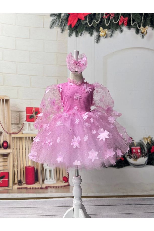 Pembe 3D Çicek desenli Kız Çocuk Elbises - 1