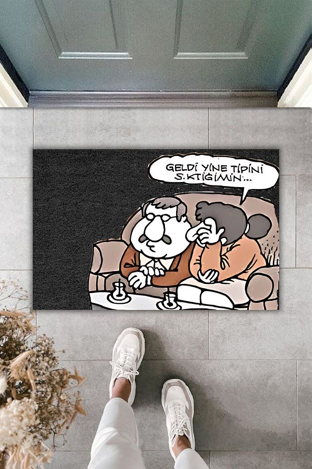 Modern Dijital Baskı Paspas - Karikatür - Geldi Yine Tipini.. - Mizah  - Kapı Önü Paspas - 1