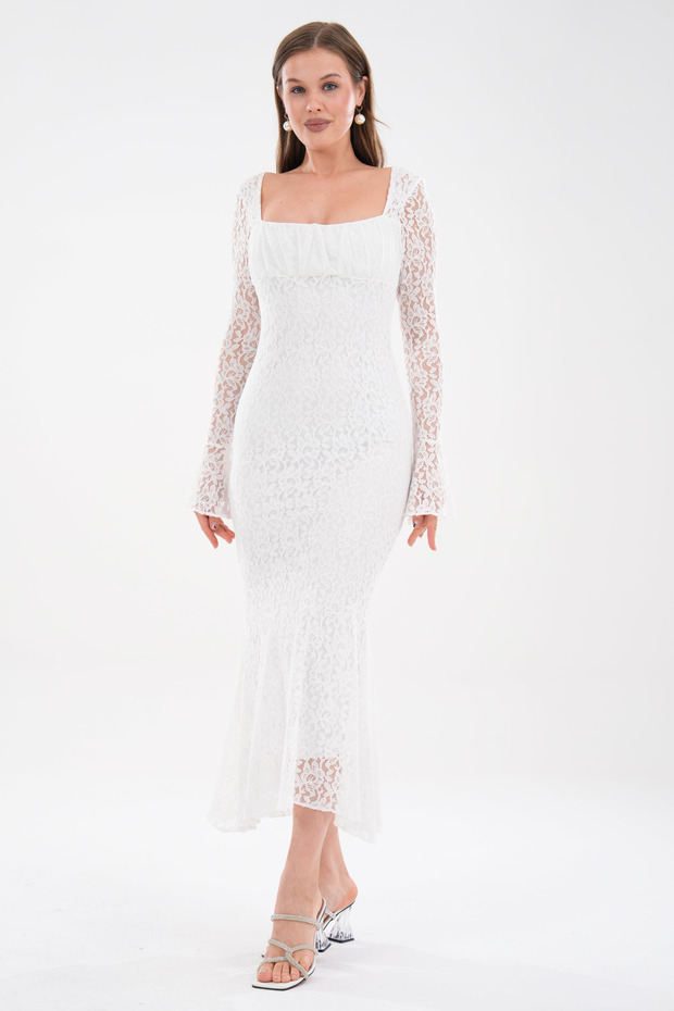 White Lined Lace Fabric Layered Square Neck Design Long Lace Sleeve Design Midi Dress 209