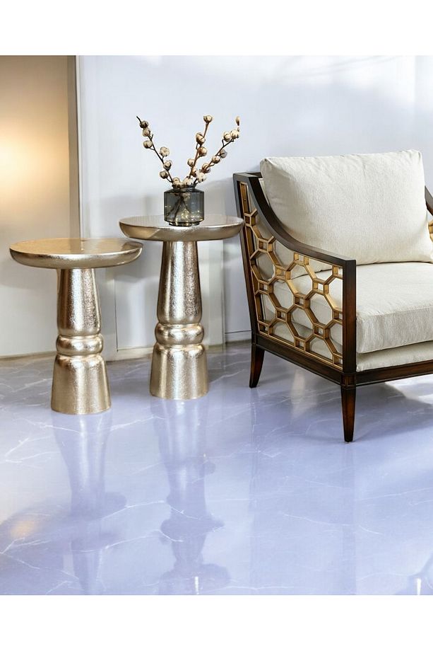 Ahşap 2’li Set Handmade Mantar Yan Sehpa Modern Gümüş Renk Varak Jelatin Fiskos Zigon Çiçeklik - 4