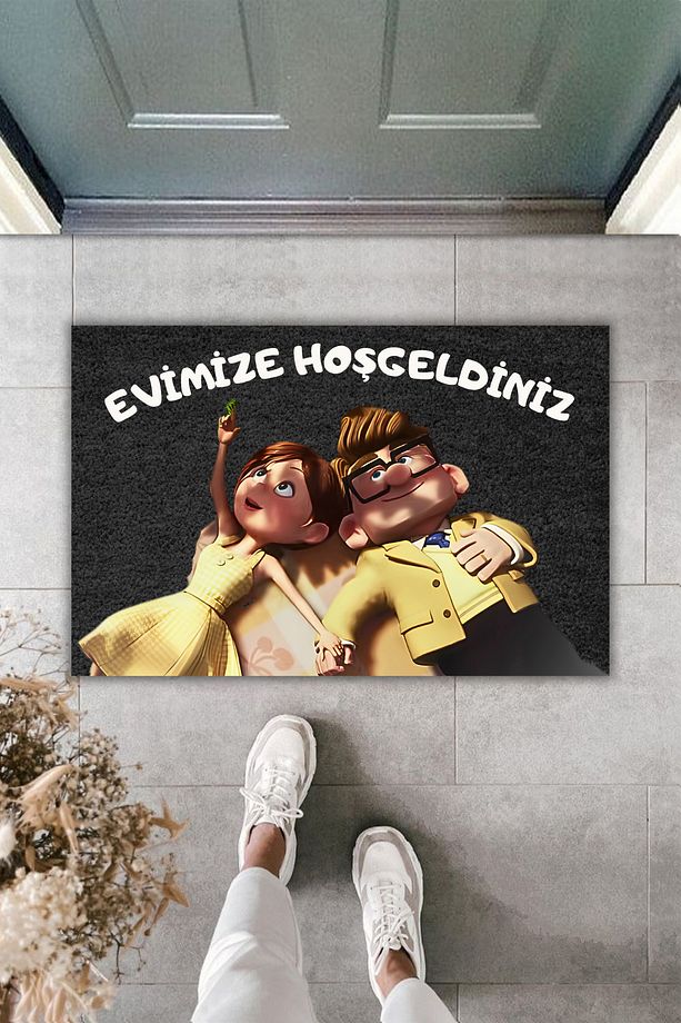 Modern Dijital Baskı Paspas - Sevimli Çift - Mizah  - Kapı Önü Paspas - Siyah Fon - 1