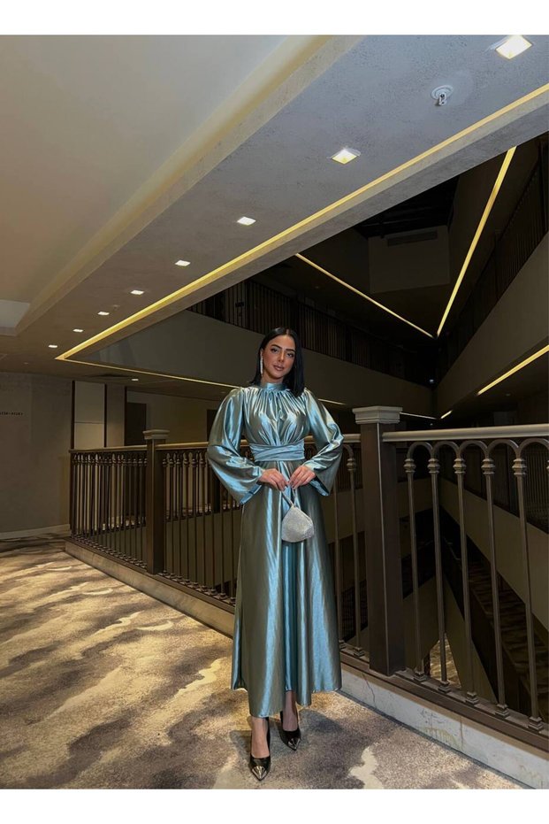 Bel Belted Wide Sleeves Satin Fabric Tesutur Evening Dress 583163 761