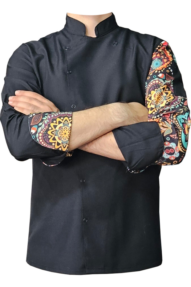 Aşçı Ceketi Desenli Unisex Çıtçıtlı Uzun Kollu Chef Aşçı Mutfak Ceket Mandala Desenli - 3