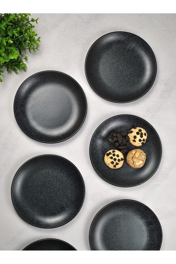6 Adet Porselen Pasta Tabağı 19 cm Tatlı Tabak- Siyah Kahvaltı Seti - 3