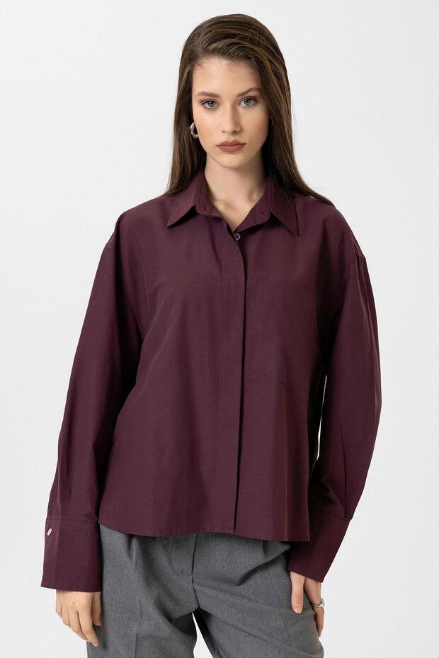 Bordo Kadın Basic Poplin Gömlek - 3
