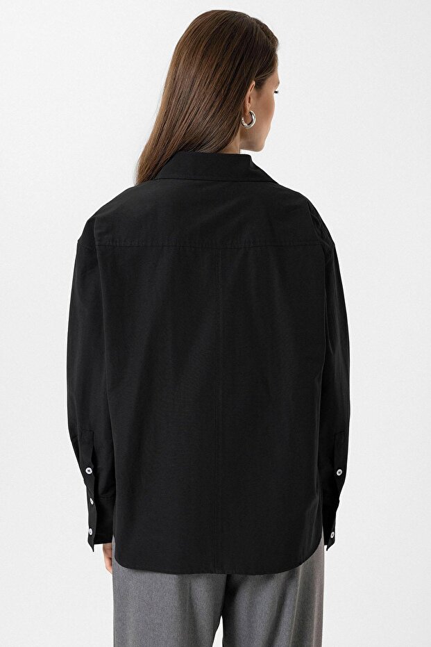 Siyah Kadın Basic Poplin Gömlek - 5