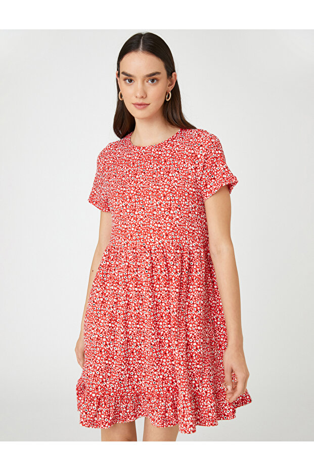 Floral Mini Dress Short Sleeve Crew Neck Ruffle