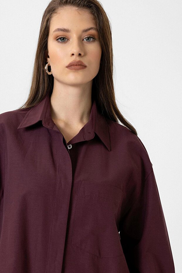 Bordo Kadın Basic Poplin Gömlek - 5