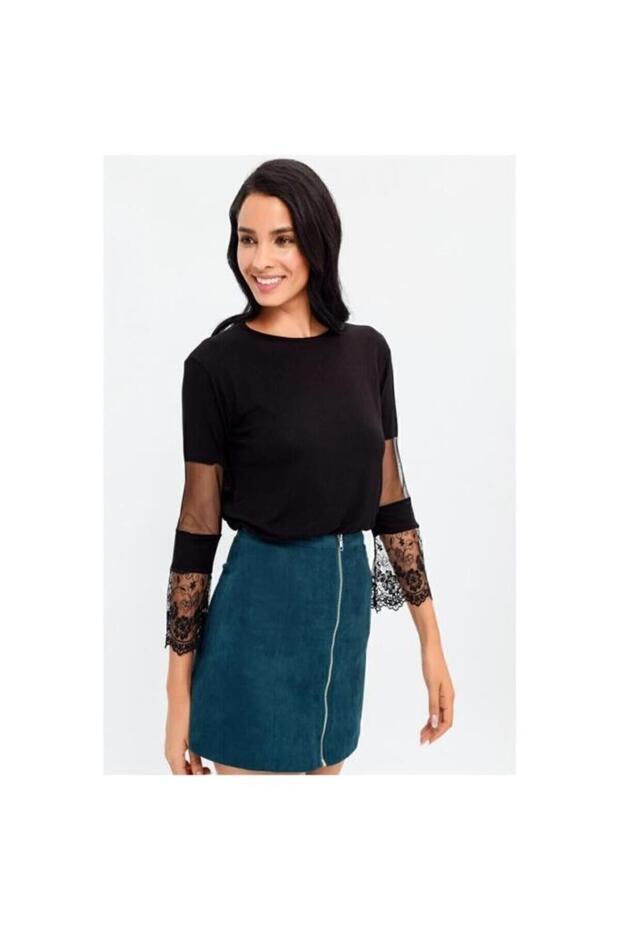 Women's Black Viscose Sleeves Tulle Lace Detail Round Neck Long Sleeve Blouse 40081120100
