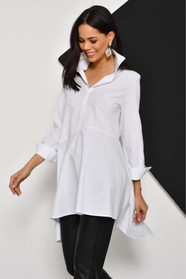 Long Terikoton White Tunic Suitable for Women's Asymmetrical Hijab Shirt Dress K4912264