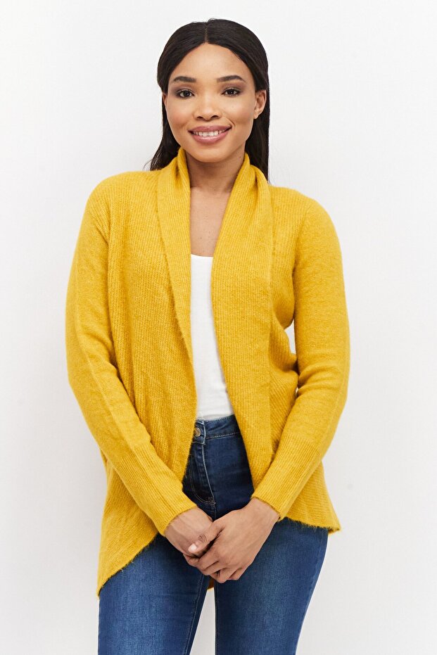 Women Split Neck Long Sleeve Textured Open Front Cardigan, Mustard - 1