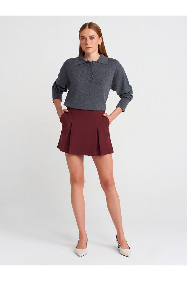 81057 Kalın Pilili Şort Etek-Bordo - 1