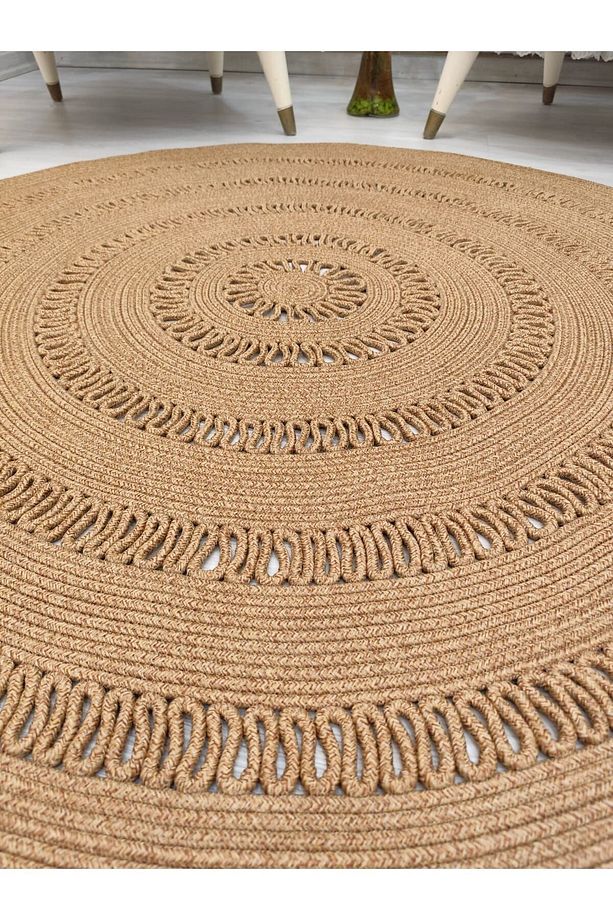 jüt Hasır görünümlü Desenli Modern El Örgüsü daire Halı Kilim - 6