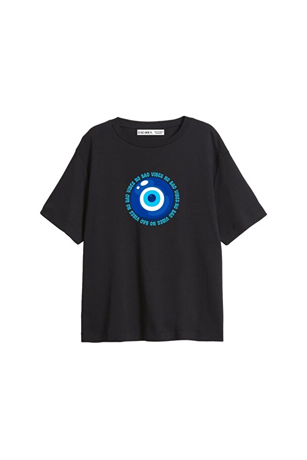No Bad Vibes Printed Relaxed Fit Black Women's Tshirt