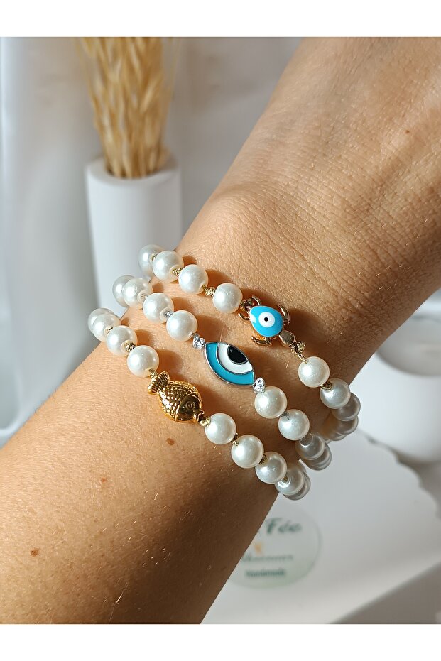 Single Fish & Pearl Bracelet Silvery Drawstring Knot Detail Handmade Custom Design Bracelet