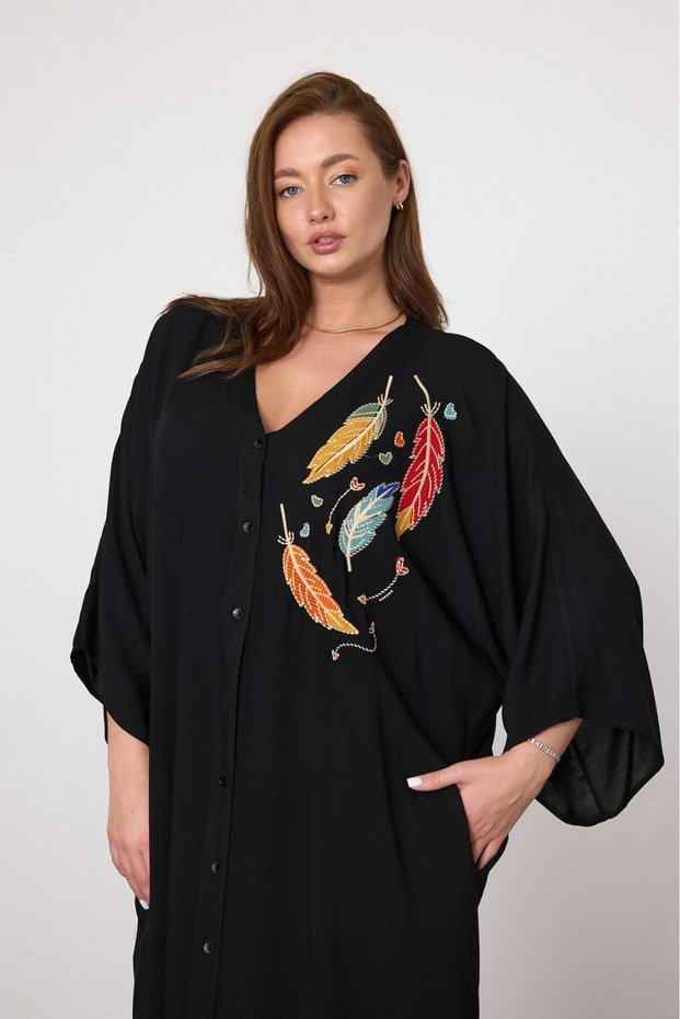 Women's Viscose Fabric V Neck Butterfly Embroidery Loose Dress