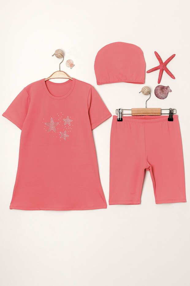 Star Stone Detailed Girl's Triple Set Swimsuit