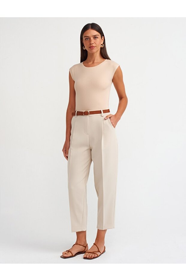 Stone Color Belted Carrot Fit Trousers