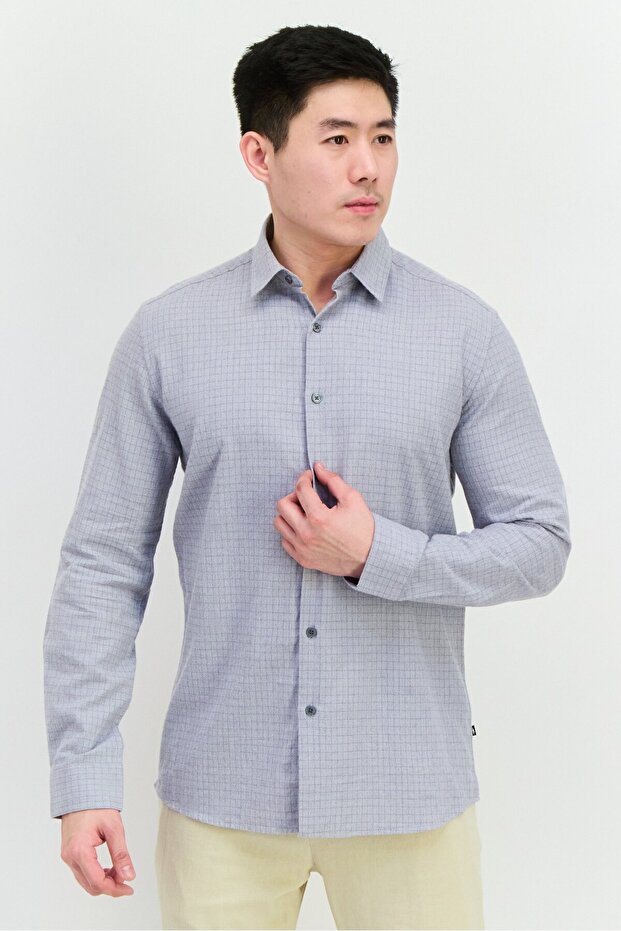 Men Regular Fit Windowpane Pattern Long Sleeve Casual Shirts, Grey