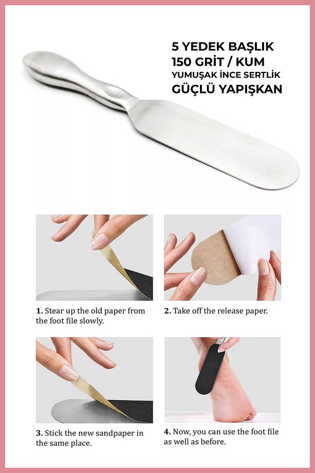 Paslanmaz Çelik Ayak Törpüsü + 5 Adet Yedek Kağıt Törpü, Topuk Törpü , Nasır Törpüsü - 4