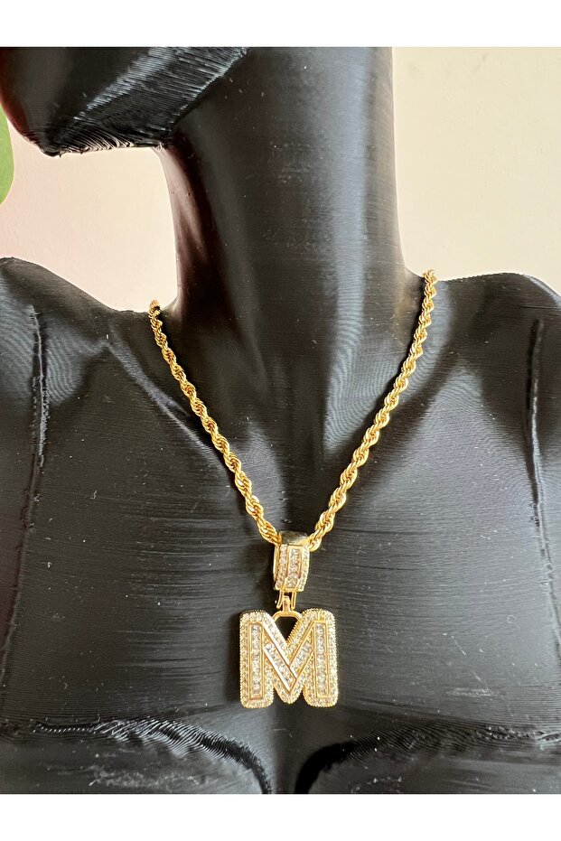 M Harf Çelik Kolye Taşlı 60 Cm - 1