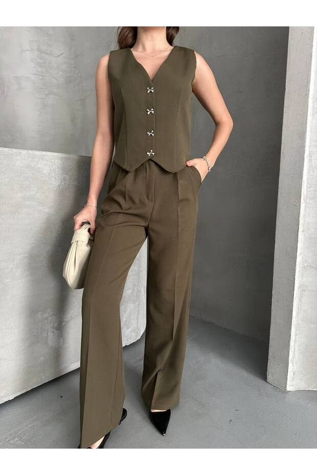 Butterfly Button Detailed Lined Vest and Trousers Double Set
