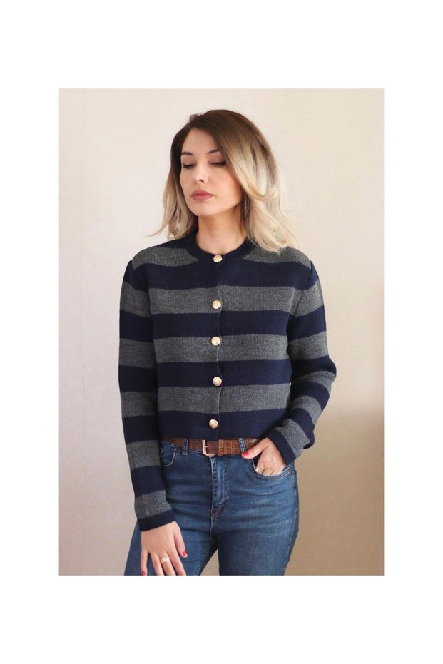 Women's Gray Navy Blue Striped Gold Buttoned Crop Knitwear Cardigan - Akg1353
