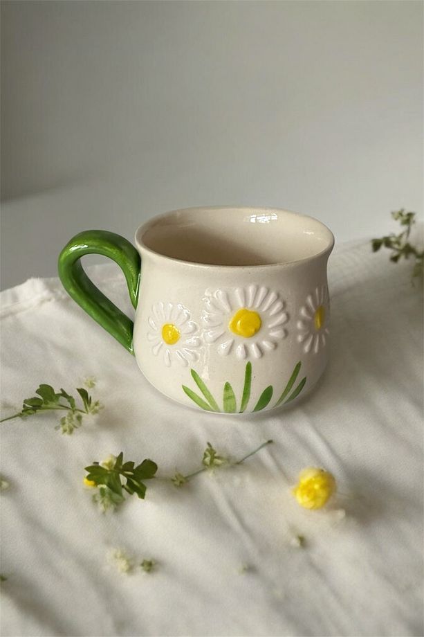 Papatya Desenli Kupa El İşlemesi Duble Kahve Fincanı Çini Seramik Mug - 1