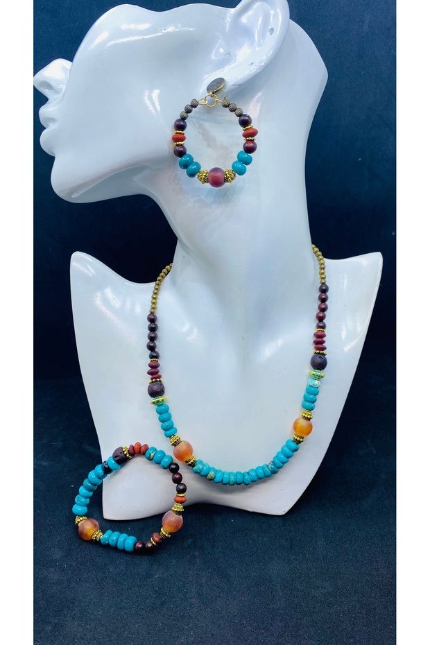 Handmade Ethnic Natural Stone Necklace Earrings Bracelet Set